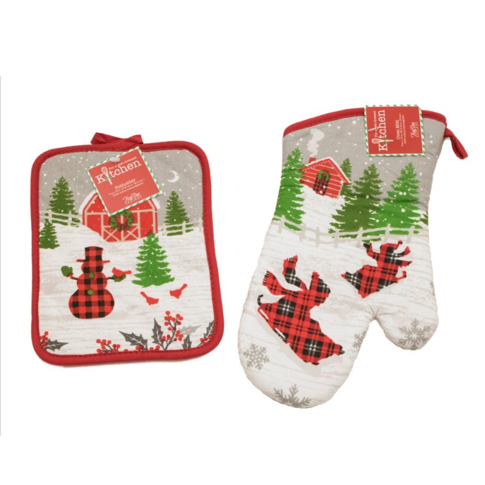 Festive Winter Holiday Set of Matching Oven Mitt and Pot Holder